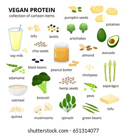 Set of vegan protein sources in cartoon style isolated on white background with names.