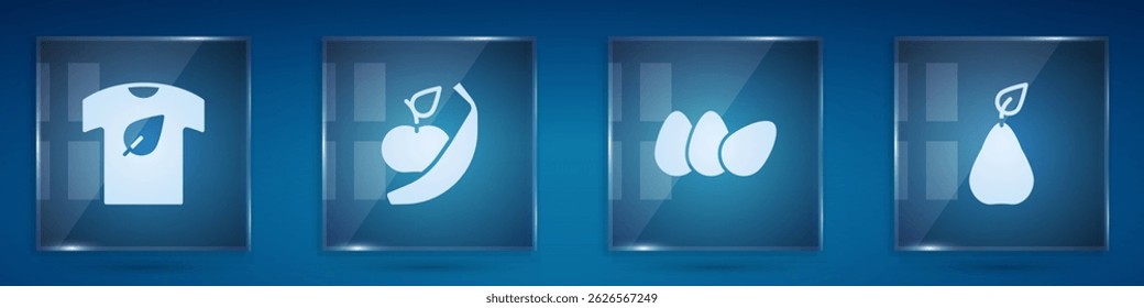 Set Vegan shirt, Apple and banana, Chicken egg and Pear. Square glass panels. Vector
