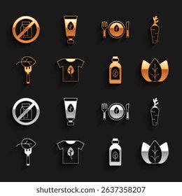 Set Vegan shirt, Carrot, Leaf or leaves, Essential oil bottle, food diet, No pack of milk and Organic cosmetic icon. Vector