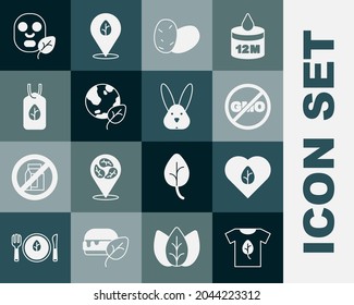 Set Vegan shirt, food diet, No GMO, Potato, Earth globe and leaf, Facial cosmetic mask and Animal cruelty free icon. Vector