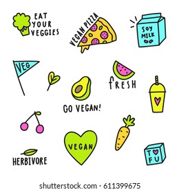 Set of vegan signs. Can be used for stickers, patches, pins design. Vector hand drawn illustration