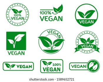 set of vegan signs or green vegan label or green natural badges product concept. 