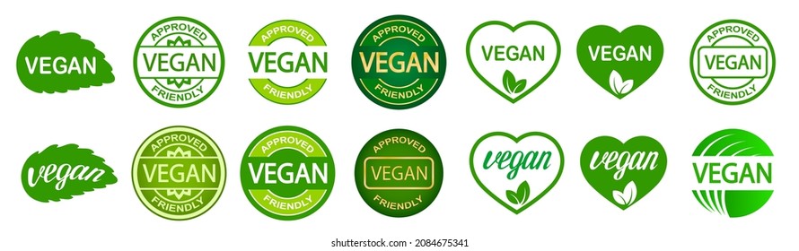 Set of vegan stamps. Plant based vegeterian food product label. Green round and heart-shaped stamp. Logo or icon.