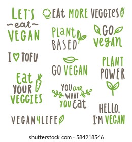 Set of vegan text labels. Vector hand drawn lettering