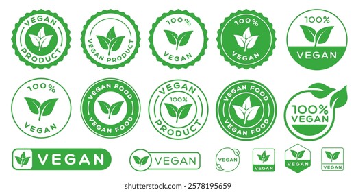 Set Of Vegan Vector Badges. Vegetarian Logo Icon Sign. 100% Natural Product Label. Leaf Symbol. Eco Food.