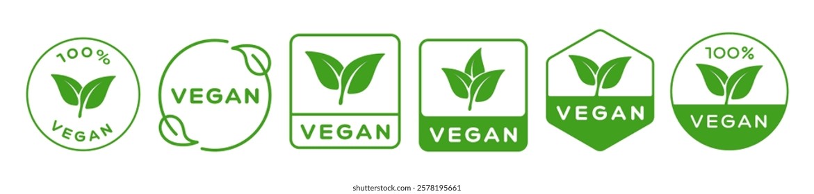 Set Of Vegan Vector Badges. Vegetarian Logo Icon Sign. 100% Natural Product Label. Leaf Symbol. Eco Food.