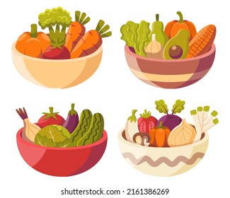 Set Of Vegatable In Bowl With Tomato, Eggplant, Garlic, Cucumber, Kale, Onion, Chili, Green Peas And Carrot Drawing Style, Vector Illustration