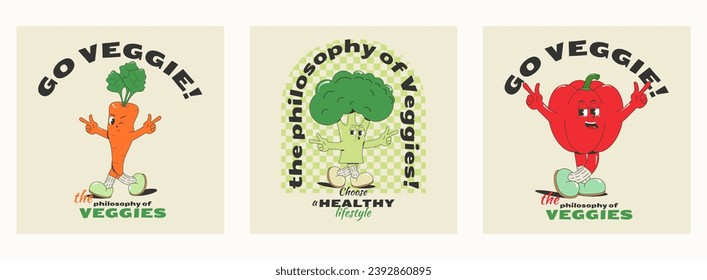 set of vegatarian prints for T-shirts, bags, mugs, isolated on a white background Groovy characters: funny broccoli, carrots, peppers. Vector illustration in retro style of old comics of the 50s-60s.