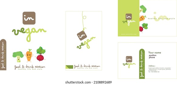 Set of vegen logo and card design for business. logo of vegetarian for restaurant or market. 