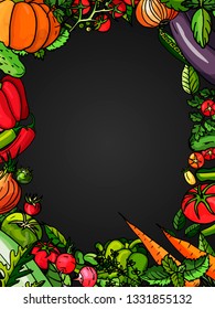 Set of vegetable backraund on a black background for menu. Vector vegetables stickers: Pumpkin, cucumber, pepper, tomato, pea, beans, onion, zucchini, eggplant. Stickers. Drawn by hand.
