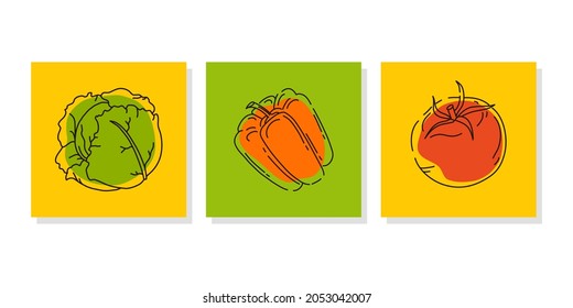  Conjunto de carteles o afiches de verduras para un mercado de agricultores o una feria de alimentos. Iconos abstractos brillantes. Ilustración vectorial.