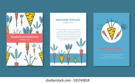Set of vegetable brochure templates. Seamless backdrop.Daikon and carrot  illustration.  Flyer, poster concept for cafe, restaurant, eco food market, greengrocery. 