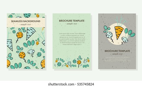 Set of vegetable brochure templates. Seamless backdrop. Beet and carrot  illustration.  Flyer, poster concept for cafe, restaurant, eco food market, greengrocery. 