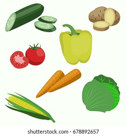 Set of vegetable. Carrots, cucumber, cabbage, corn, tomato, potatoes