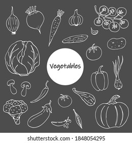 Set of vegetable doodles on a dark background. Hand-drawn images. Vector for posters, web, textiles, children's coloring pages.