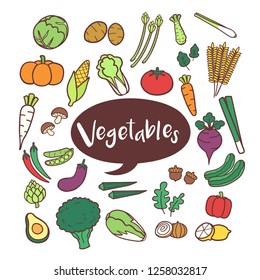 Set of vegetable elements in hand drawn doodles