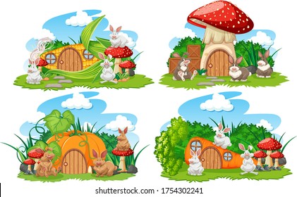 Set of vegetable fantasy houses in the garden with cute animals isolated on white background illustration