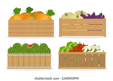 Set of vegetable. Food in wooden box. Market with healthy food. Cabbage and watermelon, pepper. Isolated flat vector illustration