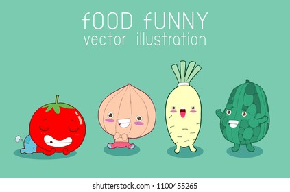 Set of Vegetable funny cartoon icon, food funny on background Vector illustration