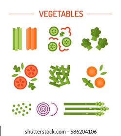 Set vegetable garnish of tomato, cucumber, greens, asparagus, carrots, onions, peas, green beans, broccoli, bell pepper basil Vector illustration for your design flat style