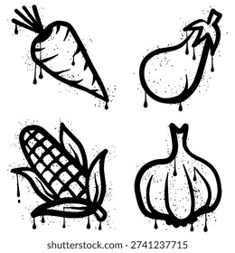 Set of vegetable graffiti with black spray paint splatters.