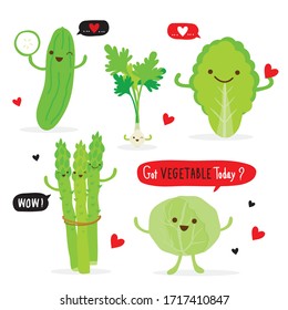 Set of Vegetable Green Color Cartoon Character. asparagus, cucumber, white cabbage, Chinese cabbage and coriander. Vector illustration