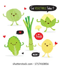 Set of Vegetable Green Color Cartoon Character. cabbage, cauliflower, onion, potato and leek. Vector illustration