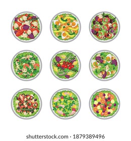 Set of vegetable green salad bowls top view, flat vector illustration isolated on white background. Green salad leaves with various toppings and additives.