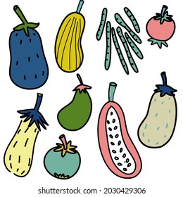 set of vegetable hand drawn cartoon icon pattern vector in fresh cute colour, can make fabric pattern, paper, apron, logo, sticker or any kind of craft project