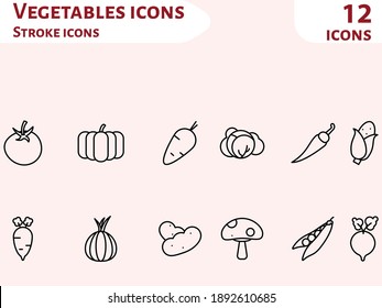 Conjunto de iconos de verduras en contorno negro.