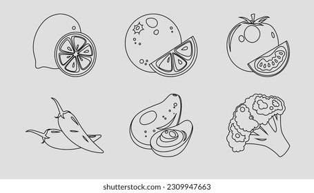 Set of vegetable icons. 6 pieces. Thin line. Vector on gray background
