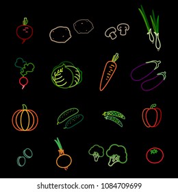 Set of vegetable icons. Beetroot, potato, mushrooms, spring onions, radish, cabbage, carrot, eggplant, pumpkin, cucumber, peas, bell pepper, olives, onion, broccoli and tomato. Vector Illustration