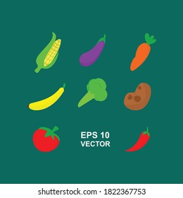 Conjunto de íconos vegetales. Verduras y hierbas frescas Productos agrícolas. maíz, berenjena, zanahorias, plátanos, brócoli, patatas, tomates, ajíes.