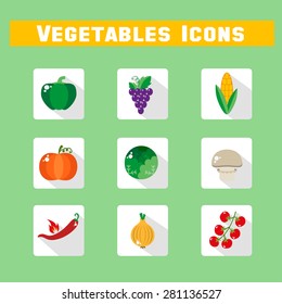 Set of vegetable icons into flat style. Isolated objects. Vegetarian concept healthy life. Vector illustration
