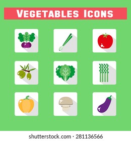 Set of vegetable icons into flat style. Isolated objects. Vegetarian concept healthy life. Vector illustration