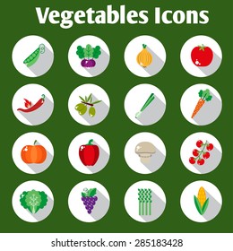 Set of vegetable icons into flat style. Isolated objects. Vegetarian concept healthy life. Vector illustration