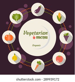A set of vegetable icons into flat style. Isolated objects. Vegetarian concept healthy life. Vector illustration
