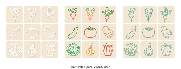 Set of vegetable icons in outlined style on beige background