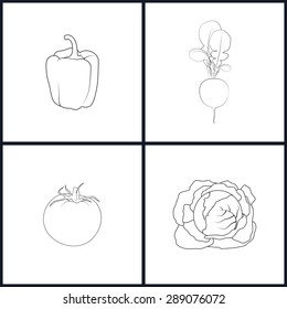 Set of Vegetable Icons , Icons Pepper , Radish, Tomatoes,Cabbage , Line Style, Vector Illustration