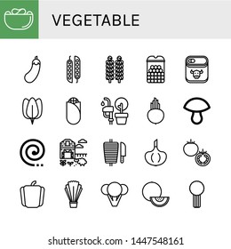 Set of vegetable icons such as Crisps, Eggplant, Peas, Brussels sprouts, Cheese balls, Canned food, Spinach, Corn, Vegetable oil, Beet, Mushroom, Mosquito coil, Sheep farm , vegetable