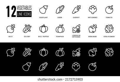 Ponga íconos vegetales tomate, calabaza, remolacha, zanahoria, alcachofa, pimiento, berenjena, colirabi, coliflor, maíz, calabaza, apio. Iconos vectoriales aislados en Estilo de línea para aplicación, sitio web.