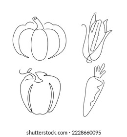 set of vegetable and ingredient line art , continuous line. for logo design. pumpkin, corn, pepper, carrot