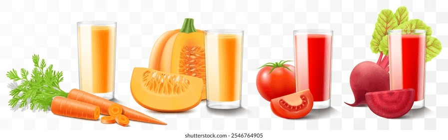 Conjunto de sucos vegetais ou smoothies isolados sobre fundo transparente. Coquetéis vegetais brilhantes em um copo com legumes maduros. Ilustração realista do vetor 3d. Design de verão. Alimentos saudáveis