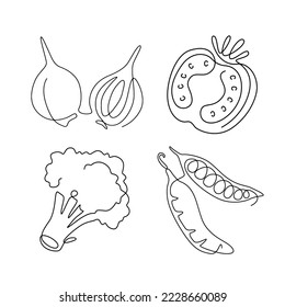 set of vegetable line art , continuous line. for logo design. onion, tomato, broccoli, pea