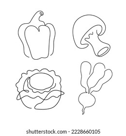 set of vegetable line art , continuous line. for logo design. bell pepper, mushroom, cabbage, radish