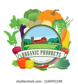 Set of vegetable with logo collage art on white background , flat farm industry vector illustration.