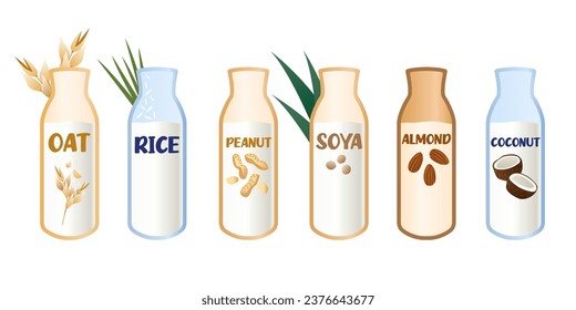 A set of vegetable milk. Oatmeal, rice, peanut, soy, almond and coconut milk. Objects on a white background. vector. Vegan products.