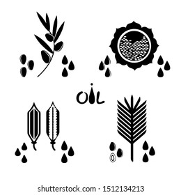 A set of vegetable oils of different types. Flat vector illustration of sunflower, olive, palm, sesame oil.