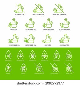 Set of vegetable oils icons. Coconut, hemp, vegetable, olive, rapeseed, sunflower, coconut and palm oil.
