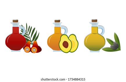 A set of vegetable oils. Palm oil, avocado oil, olive oil. Vector illustration